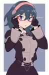  1girl adjusting_eyewear alternate_costume bangs black_gloves blue_eyes blue_hair blush breasts buttons byleth_(fire_emblem) byleth_eisner_(female) do_m_kaeru eyebrows_visible_through_hair fire_emblem fire_emblem:_three_houses garreg_mach_monastery_uniform glasses gloves hair_between_eyes hair_ornament headband juliet_sleeves long_hair long_sleeves looking_at_viewer medium_breasts official_alternate_costume parted_lips pink_headband puffy_sleeves red-framed_eyewear solo twitter_username uniform 