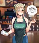  1girl alternate_costume apron bare_shoulders barista black_shirt blonde_hair blue_pants blush braid braided_bun breasts coffee_maker_(object) coffee_shop collarbone commentary contemporary cup double_bun english_commentary english_text fire_emblem fire_emblem_heroes gradient_hair green_apron green_eyes green_ribbon hair_bun hair_ribbon half-closed_eyes henriette_(fire_emblem) holding holding_cup holding_pen iced_latte_with_breast_milk_(meme) indoors large_breasts looking_at_viewer meme moize_opel multicolored_hair pants pen pink_hair ribbed_shirt ribbon shirt short_hair sidelocks sleeveless sleeveless_shirt solo speech_bubble starbucks surprised 