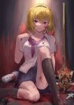  1girl black_hairband black_legwear blonde_hair blood blood_on_clothes blood_on_face blood_on_leg blue_skirt breasts brown_footwear collarbone collared_shirt dress_shirt hairband highres higurashi_no_naku_koro_ni houjou_satoko ito_t20a knee_up kneehighs looking_at_viewer medium_breasts pink_neckwear pink_ribbon pleated_skirt ribbon school_uniform shirt short_hair sitting skirt smile solo st._lucia_academy_school_uniform syringe violet_eyes white_shirt 