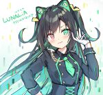  1girl animal_ears bangs black_hair black_shirt blush closed_mouth collared_shirt commentary_request eyebrows_visible_through_hair fake_animal_ears gekkou_no_carnevale gloves green_eyes green_hair green_neckwear hand_up head_tilt heterochromia highres long_hair long_sleeves looking_at_viewer lunaria multicolored_hair necktie pink_eyes saeki_sora shirt short_necktie smile solo two-tone_hair two_side_up upper_body very_long_hair white_gloves 