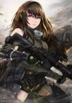  1girl absurdres assault_rifle bangs bare_shoulders black_gloves black_legwear black_shorts brown_hair caiman_pool elbow_gloves girls_frontline gloves green_eyes gun highres holding holding_gun holding_weapon long_hair looking_at_viewer m4_carbine m4a1_(girls&#039;_frontline) open_mouth rifle scarf shirt shorts sleeveless sleeveless_shirt solo teeth thigh-highs weapon 