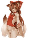  1girl animal_ears bare_shoulders blush bow breasts brown_eyes brown_hair dog_ears dog_tail furry furry_female hair_bow hair_tubes hakurei_reimu hawthorn highres japanese_clothes long_hair looking_at_viewer miko navel no_bra one_eye_closed open_mouth panties shiny shiny_hair simple_background small_breasts solo standing tail touhou underwear white_background white_panties 