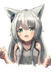  1girl absurdres animal_ears arknights cat_ears commentary cropped_torso dress earpiece eyebrows_visible_through_hair fang green_eyes grey_dress grey_hair hair_between_eyes hands_up highres hiiragi_ragi looking_at_viewer open_mouth rosmontis_(arknights) simple_background solo straight-on upper_body white_background 