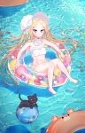  abigail_williams_(fate) abigail_williams_(swimsuit_foreigner)_(fate) absurdres afloat armpits ass ball bare_legs bare_shoulders barefoot beachball bikini black_cat blonde_hair blue_eyes cat collarbone fate/grand_order fate_(series) frilled_bikini frills hairband hat highres innertube knees_together_feet_apart lolita_hairband ocean outstretched_arms side-tie_bikini spread_arms strapless strapless_bikini swimsuit toes tube_top twintails white_bikini yukki_bunny 