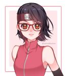  1girl black_hair black_sleeves boruto:_naruto_next_generations detached_sleeves glasses headband jacket looking_at_viewer naruto_(series) parted_lips red-framed_eyewear red_eyes red_headband red_jacket shiny shiny_hair short_hair sleeveless sleeveless_jacket solo tabby_chan twitter_username uchiha_sarada upper_body zipper 