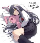  1girl black_hair black_legwear black_skirt blouse breasts feet_out_of_frame from_side gt-girl heart highres kneehighs kobayashi_miyu large_breasts long_hair long_sleeves looking_at_viewer lying no_shoes on_side pillow pleated_skirt skirt solo stuffed_animal stuffed_bunny stuffed_toy tsukimi_okayu white_blouse yellow_eyes 
