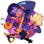  :d absurdres bacun blue_eyes breasts broom broom_riding candy earrings english_commentary food halloween_bucket halloween_costume hat highres jewelry large_breasts open_mouth pointy_ears shantae shantae_(series) smile thigh-highs transparent_background violet_eyes witch witch_hat 