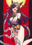  1girl :d absurdres animal_ears bat blue_bow bow breasts brown_hair chain elbow_gloves feipin_zhanshi gloves hair_over_one_eye highres holding holding_chain horse_ears horse_girl horse_tail long_hair medium_breasts open_mouth pillarboxed purple_gloves rice_shower_(umamusume) smile solo tail umamusume violet_eyes 