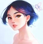  1girl absurdres blue_hair borrowed_character brown_eyes bug butterfly earrings english_commentary glint gradient gradient_background hanr10 highres jewelry looking_at_viewer original parted_lips portrait short_hair solo white_butterfly 