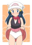  1girl bare_arms beanie blue_eyes blue_hair blush border bow bow_panties closed_mouth clothes_lift commentary_request hikari_(pokemon) flying_sweatdrops hair_ornament hairclip hat lifted_by_self long_hair looking_at_viewer outline panties pink_scarf pink_skirt pokemon pokemon_(anime) pokemon_dppt_(anime) raised_eyebrows scarf shirt skirt skirt_lift sleeveless sleeveless_shirt solo thighs underwear white_border white_headwear white_panties yume_yoroi 