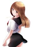  1girl black_sailor_collar black_skirt brown_eyes brown_hair from_behind grin long_hair looking_at_viewer looking_back miniskirt notsugi_(sasasasa_oriori) original pleated_skirt sailor_collar shirt short_sleeves simple_background skirt smile solo twitter_username violet_eyes white_background white_shirt yellow_eyes 