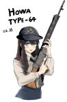  1girl battle_rifle black_hair black_neckwear blue_headwear blue_skirt blush brown_shirt character_name dated doldoriaa drill_locks eyebrows_visible_through_hair girls_frontline gun hat highres holding holding_gun holding_weapon howa_type_64 howa_type_64_(girls&#039;_frontline) light_blue_eyes long_hair looking_at_viewer necktie open_mouth police police_hat police_uniform policewoman rifle shirt skirt solo uniform upper_body weapon white_background 