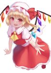  1girl :d absurdres ascot bangs blush bow commentary_request crystal eyebrows_visible_through_hair flandre_scarlet frilled_shirt_collar frills full_body hair_between_eyes hat hat_bow highres looking_at_viewer mob_cap one_side_up open_mouth petticoat puffy_short_sleeves puffy_sleeves red_bow red_eyes red_footwear red_skirt red_vest short_hair short_sleeves simple_background skirt smile solo touhou vest white_background white_headwear wings yellow_neckwear yuha_(kanayuzu611) 