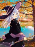  1girl ahoge autumn_leaves black_headwear blush boat bow braid broom commentary_request dot_nose elaina_(majo_no_tabitabi) eyebrows_visible_through_hair hair_between_eyes hair_bow hat highres holding holding_broom lake leaves_in_wind long_hair long_sleeves majo_no_tabitabi nakki_(toarumajyutushi) open_mouth reflection reflective_water revision river signature silver_hair smile solo tree violet_eyes watercraft white_hair wide_sleeves wind witch witch_hat 
