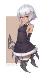  1girl absurdres aomoro bangs bare_shoulders black_dress black_rock_shooter breasts brown_background collarbone collared_dress covered_collarbone dark-skinned_female dark_skin dated dress eyebrows_visible_through_hair grey_hair hair_between_eyes highres looking_at_viewer red_eyes short_hair sleeveless sleeveless_dress small_breasts solo strength_(black_rock_shooter) thigh-highs two-tone_background white_background 