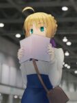  1girl ahoge artoria_pendragon_(fate) bag bangs blonde_hair blouse book bow bowtie braid dress eyebrows_behind_hair eyebrows_visible_through_hair fate/grand_order fate/stay_night fate_(series) green_eyes hair_ribbon handbag highres holding holding_book indoors long_hair migiha ribbon saber solo 