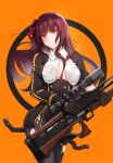  1girl absurdres bangs black_gloves black_legwear bullpup girls_frontline gloves gun highres holding holding_gun holding_weapon jacket long_hair looking_at_viewer necktie noir_(4chan) purple_hair revision rifle sniper_rifle solo torn_clothes torn_legwear violet_eyes wa2000_(girls&#039;_frontline) walther walther_wa_2000 weapon 