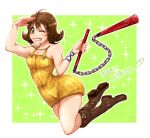  1girl absurdres boots breasts brown_hair final_fantasy final_fantasy_viii flipped_hair green_eyes highres looking_at_viewer nunchaku open_mouth selphie_tilmitt short_hair skirt smile solo torikichi101 weapon yellow_overalls yellow_skirt 