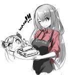  2girls ;) apron bangs blush breasts cosplay eyebrows_visible_through_hair flower food fork hair_flower hair_ornament hand_up helltaker highres hina_misora horns kurari_rose large_breasts long_hair lucifer_(helltaker) lucifer_(helltaker)_(cosplay) multiple_girls one_eye_closed open_mouth red_shirt shirt sketch slash-ex smile star_(symbol) symbol-shaped_pupils virtual_youtuber 