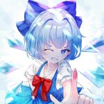  (9) 1girl bangs blue_bow blue_dress blue_eyes blue_hair blush bow breasts cirno collarbone collared_shirt dress eyebrows_visible_through_hair ice kirituka_yuuka looking_at_viewer neck_ribbon one_eye_closed puffy_short_sleeves puffy_sleeves red_neckwear ribbon shirt short_hair short_sleeves small_breasts smile solo touhou white_shirt 