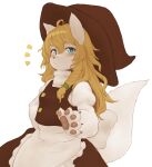  1girl ahoge animal_ears blonde_hair blue_eyes blush braid breasts closed_mouth dog_ears dog_tail eyebrows_visible_through_hair furry furry_female hat hawthorn highres kirisame_marisa long_hair looking_at_viewer shiny shiny_hair simple_background small_breasts solo tail touhou upper_body white_background witch witch_hat 