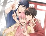  &gt;_o 3boys ;d ace_of_diamond aiaipoponta0605 bangs black_hair blue_eyes blue_kimono blush brown_eyes brown_hair closed_mouth day double_v falling_snow furuya_satoru highres japanese_clothes kimono kominato_haruichi looking_at_viewer multiple_boys one_eye_closed open_mouth outdoors pink_hair pink_kimono red_kimono sawamura_eijun short_hair smile snow teeth upper_body v wide_sleeves 