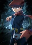  1boy black_hair blood blood_on_face blue_eyes blurry closed_mouth commentary_request floating_scarf forest hand_up hat highres holding holding_poke_ball jacket looking_at_viewer looking_to_the_side male_focus nature poke_ball poke_ball_(legends) pokemon pokemon_(game) pokemon_legends:_arceus red_headwear red_scarf rei_(pokemon) sawarabi_(sawarabi725) scarf short_hair signature solo standing tree undershirt 