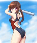  1girl ass baseball_bat blue_sky blue_swimsuit braid brown_hair clouds commentary_request competition_swimsuit cowboy_shot from_behind highres holding holding_baseball_bat long_hair looking_at_viewer mekki_sozai one-piece_swimsuit original pose red_eyes single_braid sky smile solo standing swimsuit 