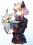  1girl armband azur_lane bangs black_jacket blonde_hair breasts buttons closed_mouth collared_shirt commentary_request double-breasted flower from_side green_eyes grey_shirt hair_between_eyes head_tilt highres holding holding_pot iron_cross jacket long_sleeves medium_breasts multicolored_hair orchid plant pot potted_plant redhead revision roon_(azur_lane) shirt short_hair sidelocks smile solo standing streaked_hair umipro upper_body 