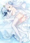  1girl ass bare_shoulders blue_flower bouquet breasts bride closed_mouth commentary_request dress elbow_gloves flower fujiyama full_body garter_straps gloves hair_flower hair_ornament high_heels highres long_hair lying medium_breasts on_side original panties short_dress silver_hair smile solo strapless strapless_dress thigh-highs underwear veil white_dress white_footwear white_gloves white_legwear white_panties white_theme 
