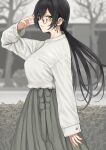  1girl blurry blurry_background chinese_commentary dress eyebrows_visible_through_hair glasses hair_between_eyes highres lensless_glasses long_hair long_sleeves looking_at_viewer orange_nails original seams sidelocks solo tied_hair tree tsurui walking wide_sleeves yellow_eyes 