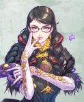  1girl bangs bayonetta bayonetta_(series) bayonetta_3 black-framed_eyewear black_hair blue_eyes braid commentary_request earrings elbow_gloves fujii_eishun glasses gloves gold_trim gun highres holding holding_weapon jewelry lips long_hair looking_at_viewer mole mole_under_mouth multicolored_hair puffy_short_sleeves puffy_sleeves redhead revolver shiny shiny_hair short_sleeves simple_background solo tied_hair twin_braids two-tone_hair upper_body weapon white_gloves 