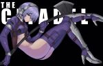  1girl android ass axe black_background breasts english_text gloves hair_over_one_eye headphones high_heels highres purple_gloves purple_hair revealing_clothes rob_110101101 short_hair small_breasts solo the_citadel violet_eyes weapon 