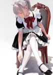  1girl adjusting_footwear animal_ears apron black_dress black_footwear bow bowtie cat_ears chair closed_mouth crossed_legs dress feiqizi_(fkey) fkey grey_hair highres maid maid_apron mary_janes on_chair original pantyhose pinafore_dress pink_eyes ponytail puffy_short_sleeves puffy_sleeves red_bow red_neckwear shoes short_sleeves simple_background sitting solo white_apron white_background white_legwear 