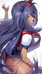  1girl absurdres animal_ears blue_buruma buruma chest_harness dark-skinned_female dark_blue_hair dark_skin eyebrows_visible_through_hair eyes_visible_through_hair gym_shirt harness highres hishi_amazon_(umamusume) horse_ears horse_girl horse_tail long_hair orange_eyes scrunchie shirt solo tail tamukoro umamusume very_long_hair 