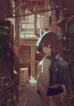  1girl alley animal_ears backpack bag blue_skirt blurry blurry_background brown_hair building closed_mouth commentary cowboy_shot door fake_animal_ears hair_between_eyes hands_up headgear leaf looking_at_viewer looking_back plant red_eyes shirt short_hair skirt solo touhoku_kiritan voiceroid white_shirt wide_sleeves yamamomo_(plank) 
