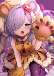  1girl animal_ears animal_hands arm_support bangs breasts buttons cat_paws claw_pose commentary_request double-breasted dress fake_animal_ears fang granblue_fantasy hair_ornament hair_over_one_eye highres iwao_(pixiv258710) jack-o&#039;-lantern jack-o&#039;-lantern_hair_ornament long_hair looking_at_viewer niyon_(granblue_fantasy) official_alternate_costume open_mouth orange_dress parted_bangs paw_shoes purple_legwear red_eyes shoes sitting sleeveless sleeveless_dress small_breasts solo very_long_hair wariza 
