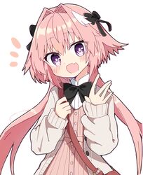  1boy :d astolfo_(fate) bag black_bow black_ribbon blush bow cardigan cowboy_shot fang fate/grand_order fate_(series) hair_bow hair_intakes hair_ribbon handbag long_hair multicolored_hair notice_lines open_mouth otoko_no_ko pink_hair rabiiandrain ribbon skin_fang smile streaked_hair violet_eyes waving white_hair 