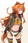  1girl animal_ears beige_background belt black_ribbon bomber_jacket brown_belt brown_jacket commentary dog_tags ear_ribbon gradient gradient_background horse_ears horse_girl horse_tail jacket long_hair long_sleeves mayano_top_gun_(umamusume) midriff mofu_namako navel orange_eyes orange_hair ribbon shorts solo tail thigh-highs thighs twintails two_side_up umamusume white_shorts 