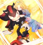  1boy 1girl ^_^ blue_dress blue_hairband blush bracelet cheek_pinching clenched_teeth closed_eyes dress furry furry_male gloves grin hairband jewelry long_hair looking_at_another maria_robotnik pinching red_eyes shadow_the_hedgehog smile sonic_(series) teeth tondamanuke white_gloves 