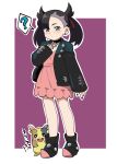  1girl ? ankle_boots asymmetrical_bangs bangs black_choker black_footwear black_hair black_jacket black_nails blush boots choker closed_mouth commentary_request dress earrings green_eyes hair_ribbon hand_up jacket jewelry long_hair long_sleeves marnie_(pokemon) morpeko morpeko_(full) nail_polish open_clothes open_jacket outline pink_dress pokemon pokemon_(creature) pokemon_(game) pokemon_swsh red_ribbon ribbon sleeves_past_wrists spoken_question_mark standing twintails yume_yoroi 
