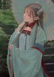  1girl closed_mouth fkey grey_hair hair_ornament head_tilt highres holding holding_umbrella japanese_clothes kimono long_hair long_sleeves oil-paper_umbrella original outdoors pink_eyes sleeves_past_wrists solo stairs umbrella upper_body white_umbrella 