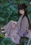  1girl barefoot blush brown_hair chinese_clothes closed_mouth double_bun fkey folding_fan from_side hand_fan highres holding holding_fan long_hair looking_at_viewer looking_to_the_side original outdoors sitting smile solo violet_eyes 