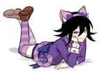  1boy animal_ears arm_support bangs black_hair bow brown_footwear cat_ears cat_tail cheshire_cat_(alice_in_wonderland) cheshire_cat_(alice_in_wonderland)_(cosplay) cosplay danganronpa_(series) danganronpa_v3:_killing_harmony flipped_hair full_body grey_background highres jacket long_sleeves looking_at_viewer lying male_focus on_stomach ouma_kokichi pastahands pink_legwear shoes simple_background smile solo striped striped_legwear tail teeth violet_eyes 