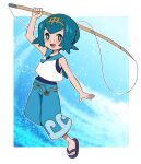  1girl :d arm_up bangs bare_arms black_footwear blue_eyes blue_hair blue_pants blue_sailor_collar blush bright_pupils commentary_request fishing_rod freckles hairband holding holding_fishing_rod lana_(pokemon) open_mouth pants pokemon pokemon_(game) pokemon_sm sailor_collar sandals shirt short_hair smile solo swimsuit swimsuit_under_clothes toes tongue white_pupils white_shirt yellow_hairband yume_yoroi 
