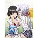  2girls artist_request black_hair blush bra breasts closed_mouth drying large_breasts long_hair looking_at_another multiple_girls official_art red_bra red_eyes school_uniform see-through senki_zesshou_symphogear silver_hair small_breasts smile tsukuyomi_shirabe twintails underwear violet_eyes yukine_chris yuri 