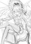  1girl armchair artist_name bangs bonnet bow bowtie buttons catalina_(clover_theater) chair closed_mouth clover_theater crossed_legs demon_wings fishnets fkey flower frills greyscale hair_between_eyes long_hair long_sleeves makeup monochrome puffy_shorts rose shirt shorts sitting sketch striped striped_legwear striped_shirt vampire very_long_hair wavy_hair wings 