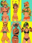  6+girls ahoge arms_(game) bellhenge bikini braid breasts commentary dark-skinned_female dark_skin domino_mask dr._coyle english_commentary glasses hair_bun headband jacket lola_pop long_arms long_hair mask mechanica_(arms) medium_breasts min_min_(arms) multiple_girls navel ponytail ribbon_girl_(arms) ribbon_hair short_hair shorts smile swimsuit twintails twintelle_(arms) 