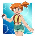  1girl :d blush border commentary eyelashes green_eyes green_shorts hair_tie holding holding_poke_ball misty_(pokemon) navel one_side_up open_mouth orange_hair outline poke_ball poke_ball_(basic) pokemon pokemon_(anime) pokemon_(classic_anime) shirt shorts sleeveless sleeveless_shirt smile solo sparkle suspenders tied_hair tongue white_border yellow_shirt yume_yoroi 