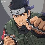  1boy artist_name beard black_eyes black_hair black_headband brass_knuckles clenched_hand facial_hair green_vest grin headband isomine looking_at_viewer male_focus naruto naruto_(series) ninja sarutobi_asuma sideburns smile solo vest weapon 